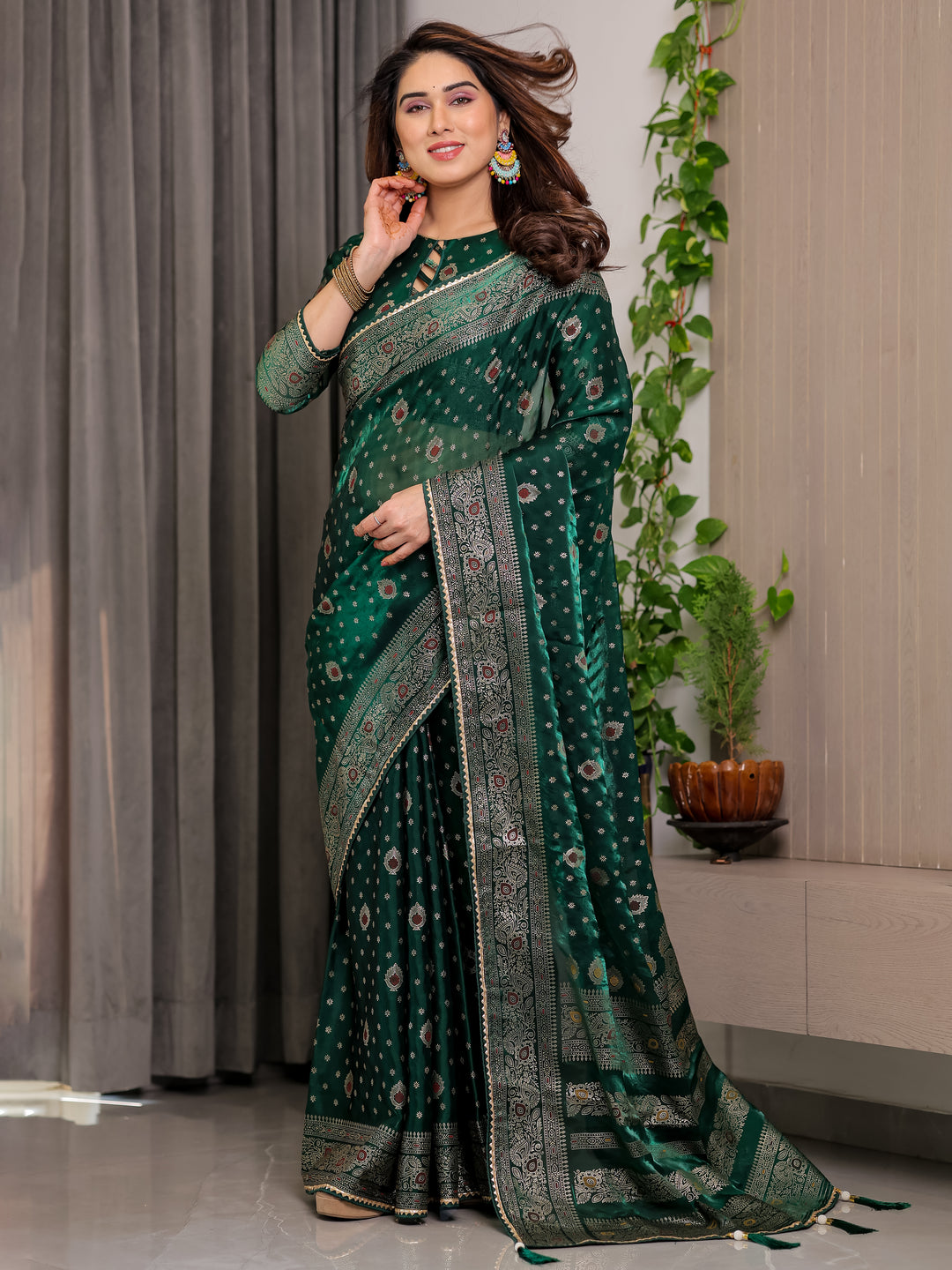 Emerald Green Fendi Satin Block & Foil Printed Saree with Traditional Butti Motifs, Tassel Edges & Attached Blouse