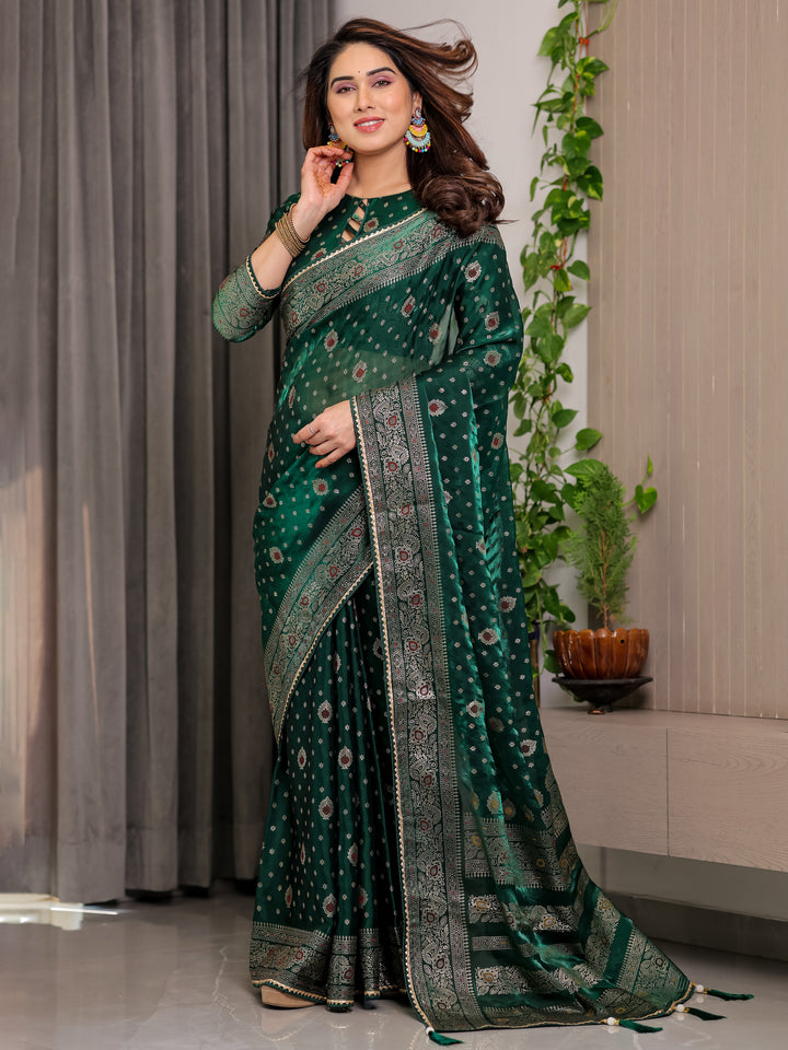 Emerald Green Fendi Satin Block & Foil Printed Saree with Traditional Butti Motifs, Tassel Edges & Attached Blouse
