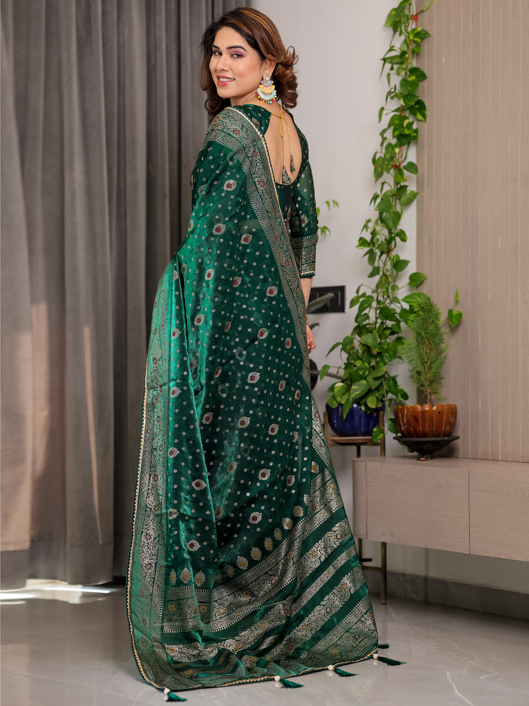 Emerald Green Fendi Satin Block & Foil Printed Saree with Traditional Butti Motifs, Tassel Edges & Attached Blouse