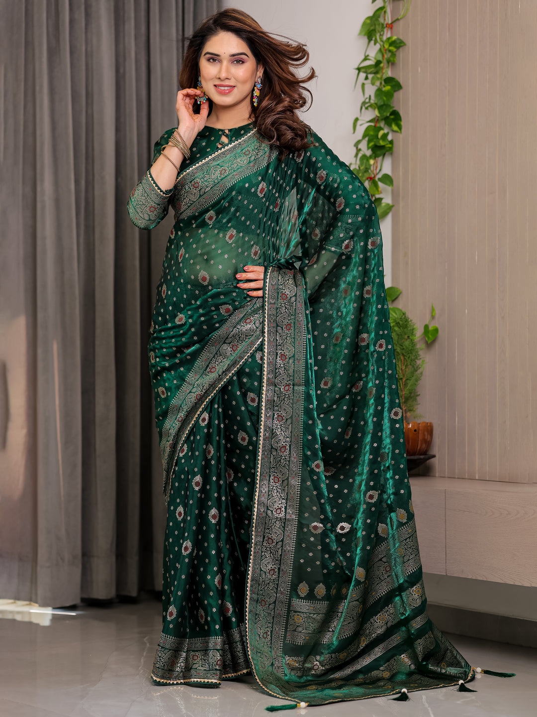 Emerald Green Fendi Satin Block & Foil Printed Saree with Traditional Butti Motifs, Tassel Edges & Attached Blouse