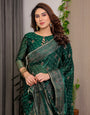 Emerald Green Fendi Satin Block & Foil Printed Saree with Traditional Butti Motifs, Tassel Edges & Attached Blouse
