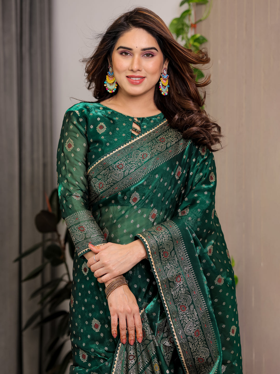 Emerald Green Fendi Satin Block & Foil Printed Saree with Traditional Butti Motifs, Tassel Edges & Attached Blouse
