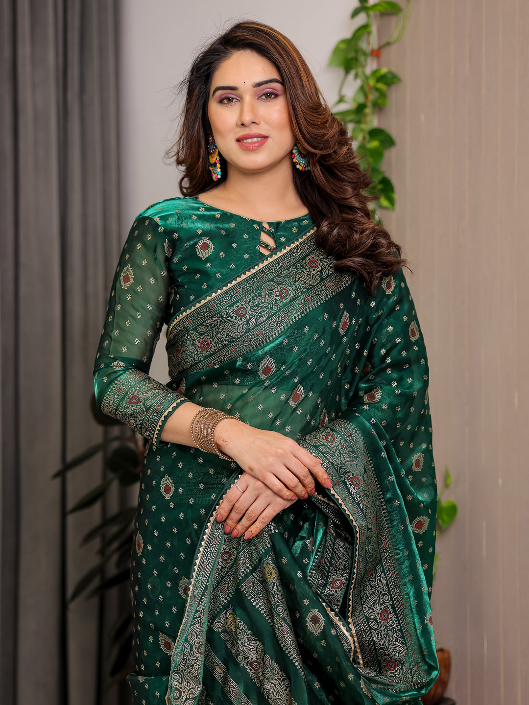 Emerald Green Fendi Satin Block & Foil Printed Saree with Traditional Butti Motifs, Tassel Edges & Attached Blouse