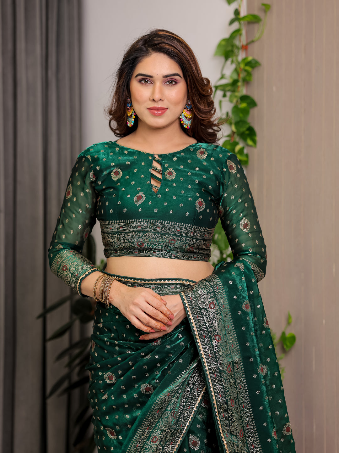 Emerald Green Fendi Satin Block & Foil Printed Saree with Traditional Butti Motifs, Tassel Edges & Attached Blouse