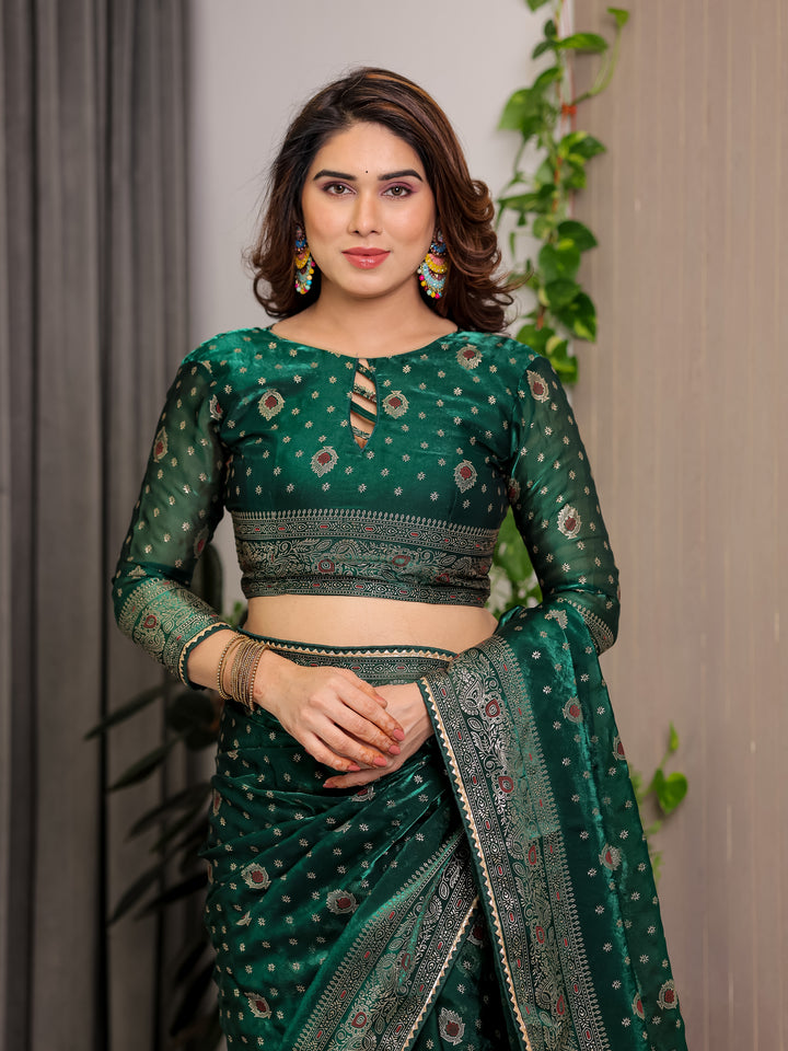 Emerald Green Fendi Satin Block & Foil Printed Saree with Traditional Butti Motifs, Tassel Edges & Attached Blouse