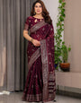 Wine Maroon Fendi Satin Block & Foil Printed Saree with Traditional Butti Motifs, Tassel Edges & Attached Blouse