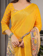 Sunshine Yellow Cotton Linen Saree with Madhubani Pallu & Zari Border | With Blouse Piece