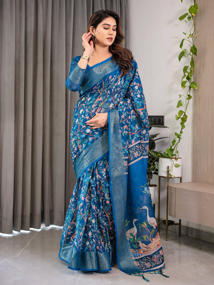 Royal Blue Cotton Linen Saree with Nature-Inspired Print, Zari Border & Tassels | With Blouse