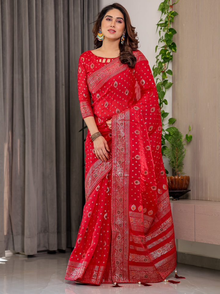 Classic Red Fendi Satin Block & Foil Printed Saree with Traditional Butti Motifs, Tassel Edges & Attached Blouse