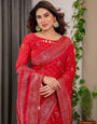 Classic Red Fendi Satin Block & Foil Printed Saree with Traditional Butti Motifs, Tassel Edges & Attached Blouse