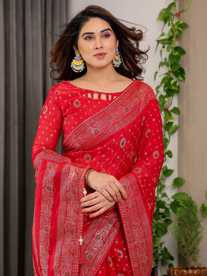 Classic Red Fendi Satin Block & Foil Printed Saree with Traditional Butti Motifs, Tassel Edges & Attached Blouse