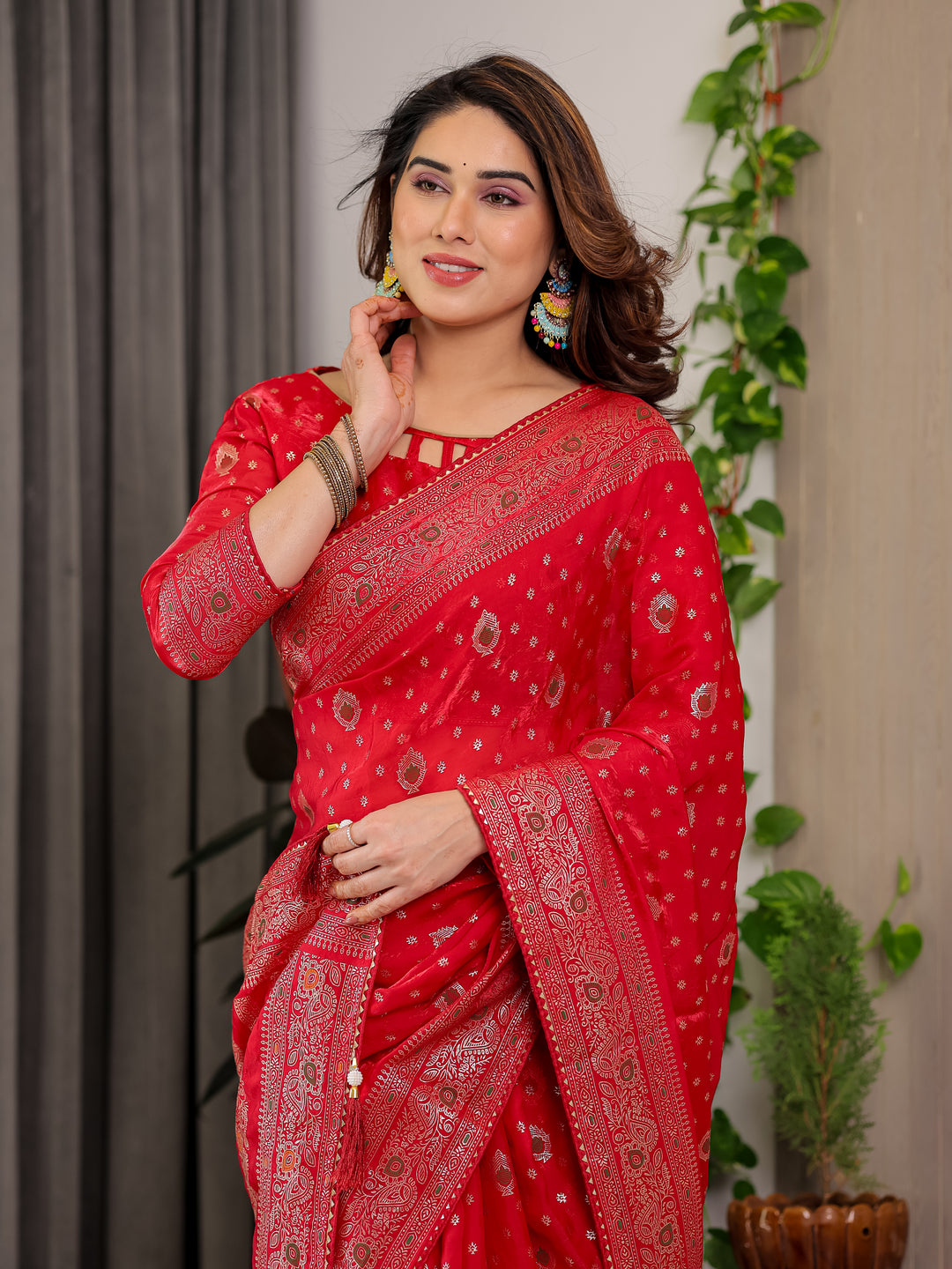 Classic Red Fendi Satin Block & Foil Printed Saree with Traditional Butti Motifs, Tassel Edges & Attached Blouse