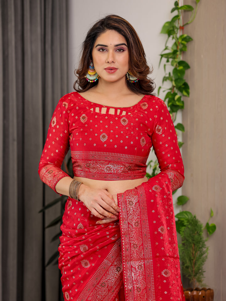 Classic Red Fendi Satin Block & Foil Printed Saree with Traditional Butti Motifs, Tassel Edges & Attached Blouse