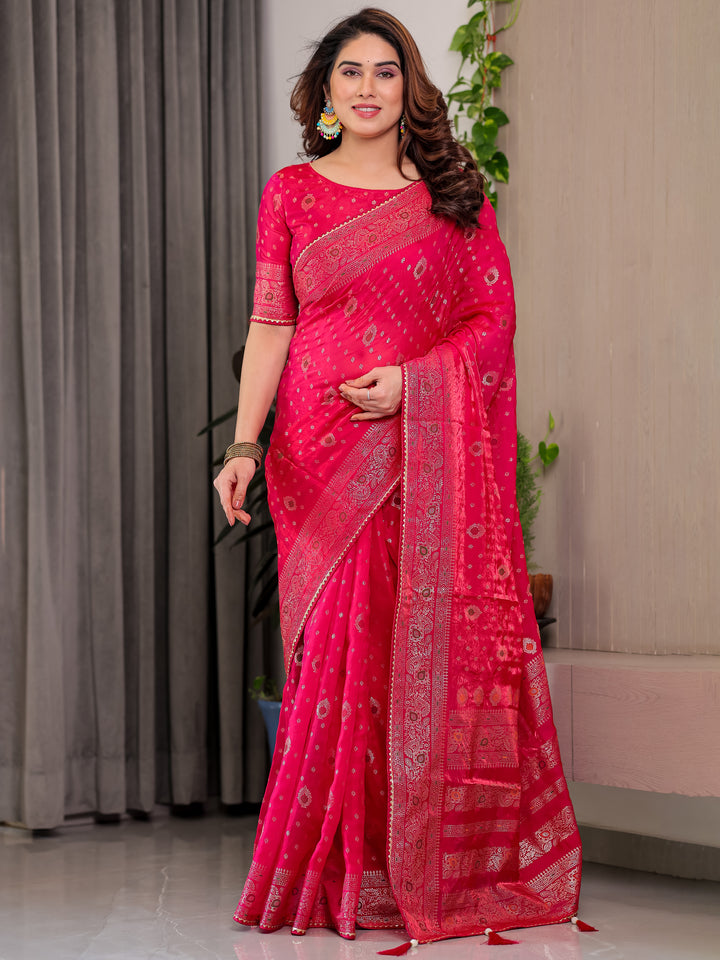 Rani Pink Fendi Satin Block & Foil Printed Saree with Traditional Butti Motifs, Tassel Edges & Attached Blouse