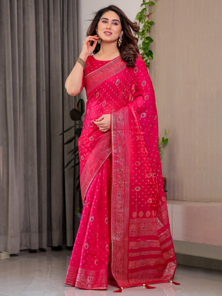 Rani Pink Fendi Satin Block & Foil Printed Saree with Traditional Butti Motifs, Tassel Edges & Attached Blouse