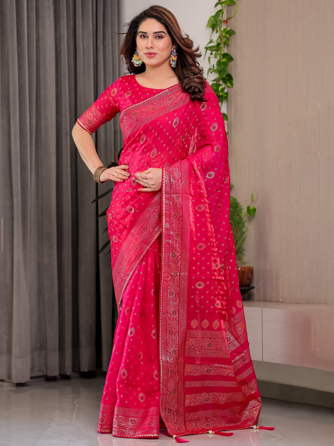 Rani Pink Fendi Satin Block & Foil Printed Saree with Traditional Butti Motifs, Tassel Edges & Attached Blouse