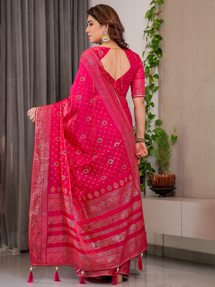 Rani Pink Fendi Satin Block & Foil Printed Saree with Traditional Butti Motifs, Tassel Edges & Attached Blouse