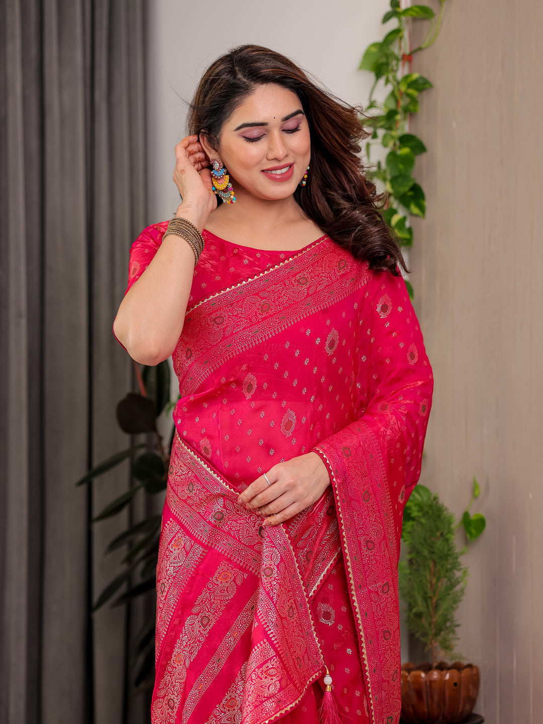 Rani Pink Fendi Satin Block & Foil Printed Saree with Traditional Butti Motifs, Tassel Edges & Attached Blouse