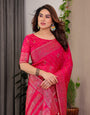 Rani Pink Fendi Satin Block & Foil Printed Saree with Traditional Butti Motifs, Tassel Edges & Attached Blouse