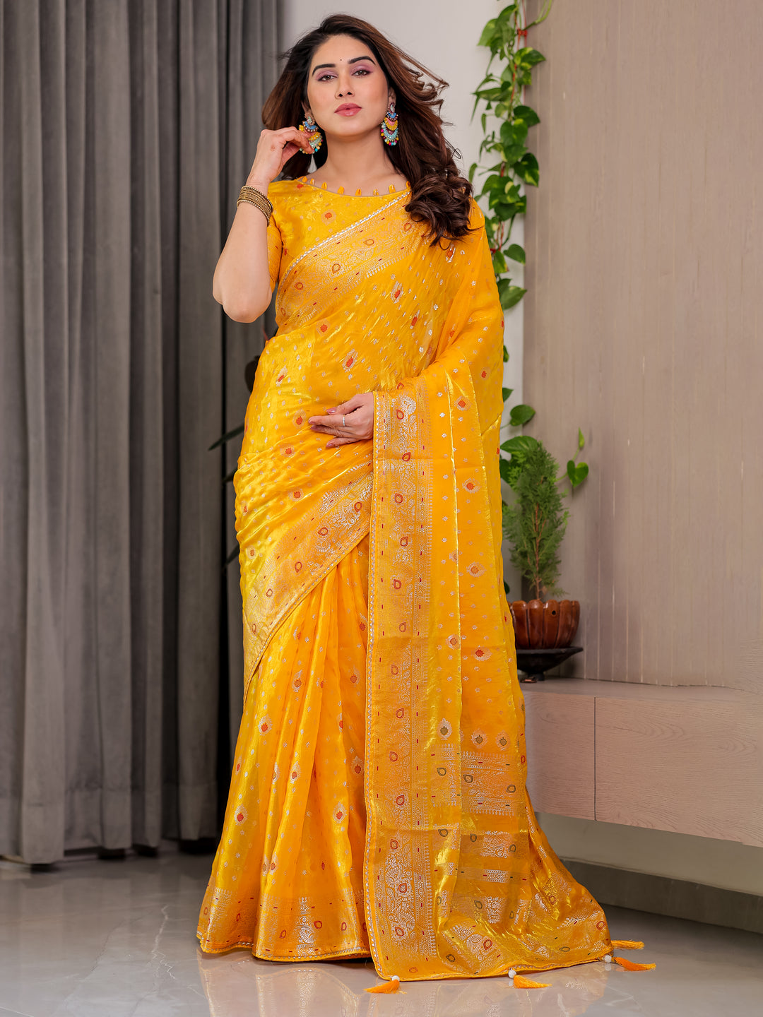 Mustard Yellow Fendi Satin Block & Foil Printed Saree with Traditional Butti Motifs, Tassel Edges & Attached Blouse