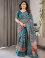 Teal Blue Cotton Linen Saree with Floral Print & Radha Krishna Digital Pallu | Zari Border | With Blouse