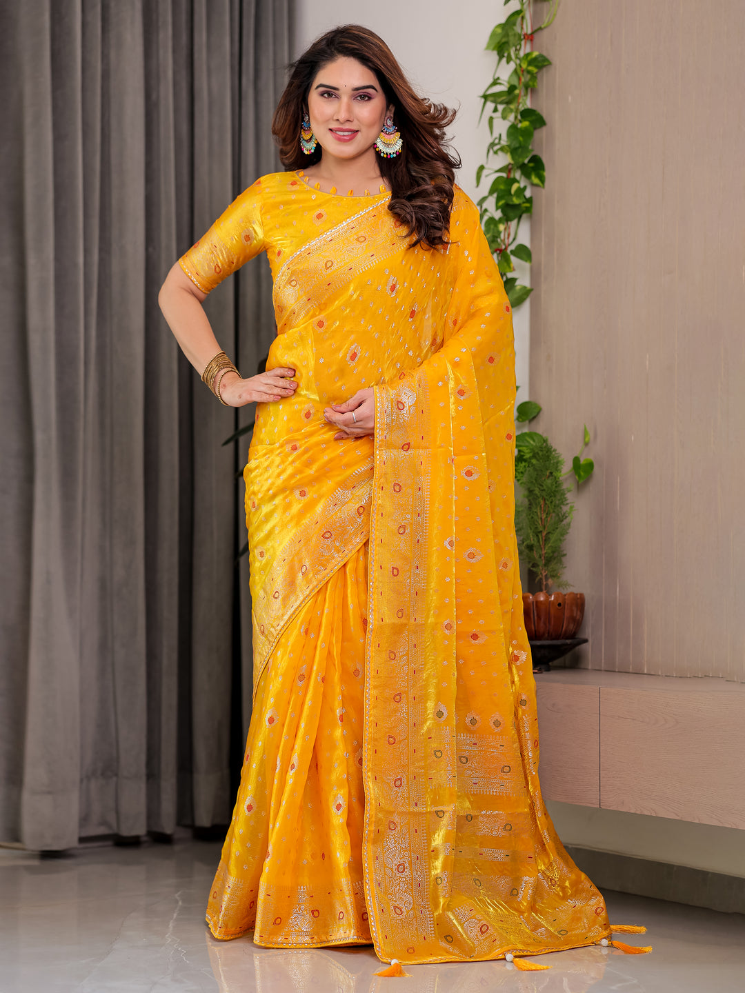 Mustard Yellow Fendi Satin Block & Foil Printed Saree with Traditional Butti Motifs, Tassel Edges & Attached Blouse