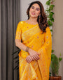 Mustard Yellow Fendi Satin Block & Foil Printed Saree with Traditional Butti Motifs, Tassel Edges & Attached Blouse