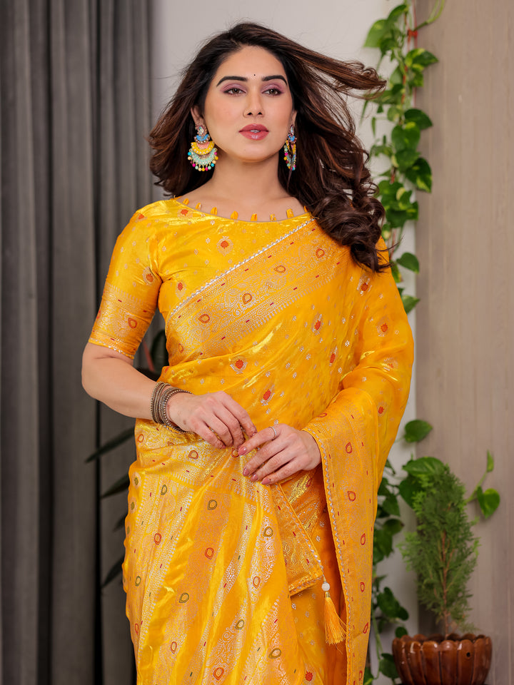 Mustard Yellow Fendi Satin Block & Foil Printed Saree with Traditional Butti Motifs, Tassel Edges & Attached Blouse