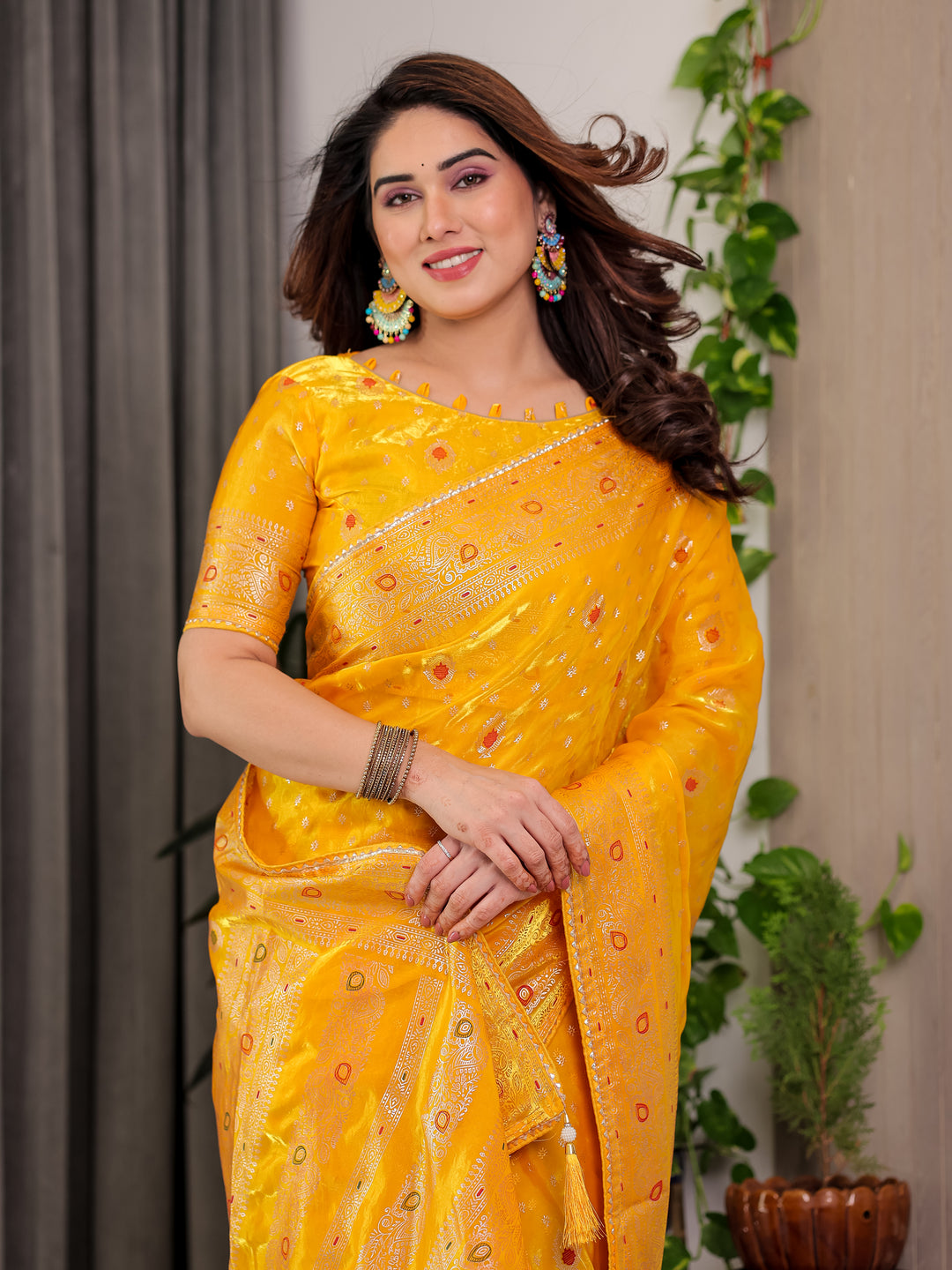 Mustard Yellow Fendi Satin Block & Foil Printed Saree with Traditional Butti Motifs, Tassel Edges & Attached Blouse