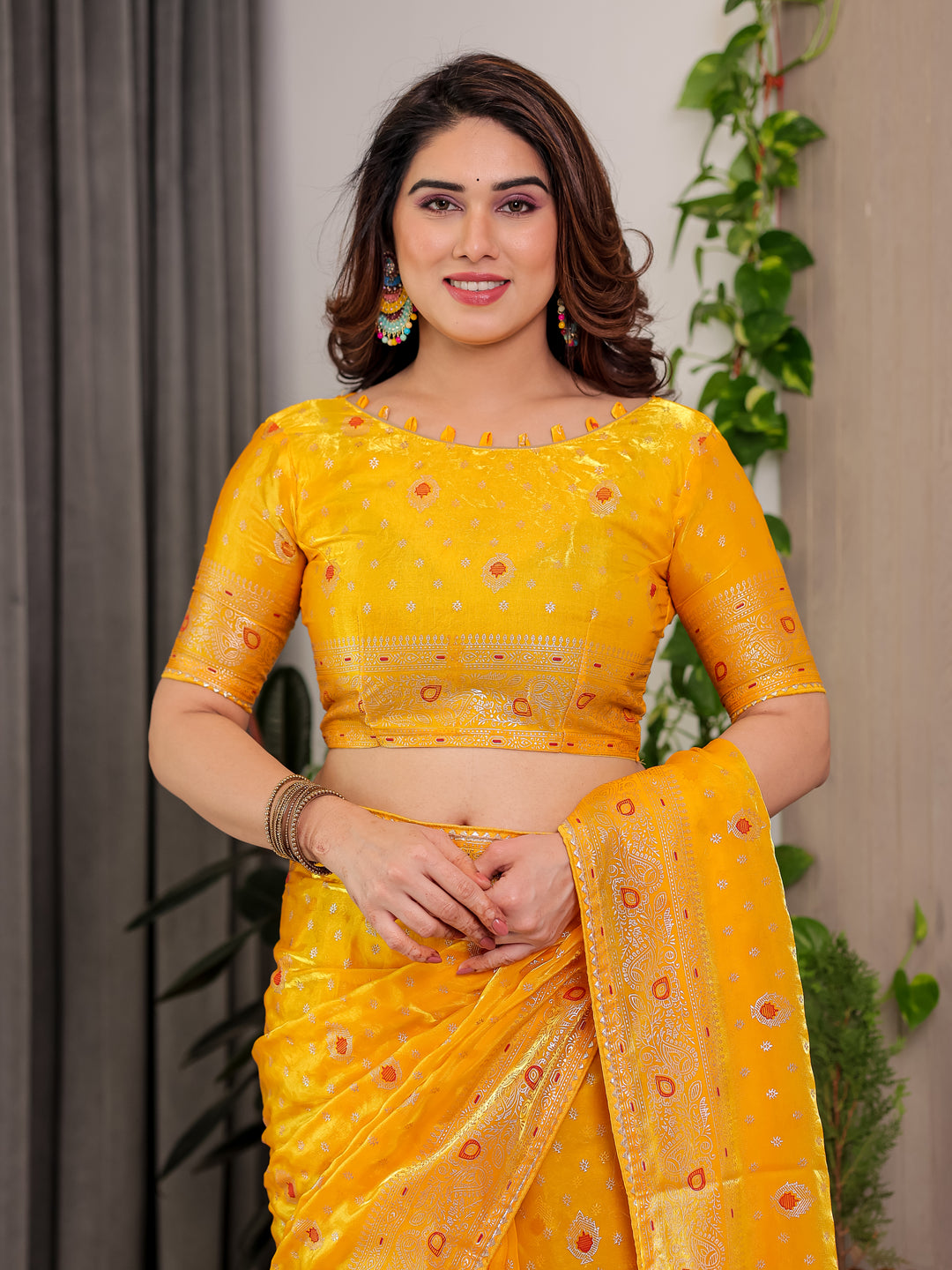 Mustard Yellow Fendi Satin Block & Foil Printed Saree with Traditional Butti Motifs, Tassel Edges & Attached Blouse