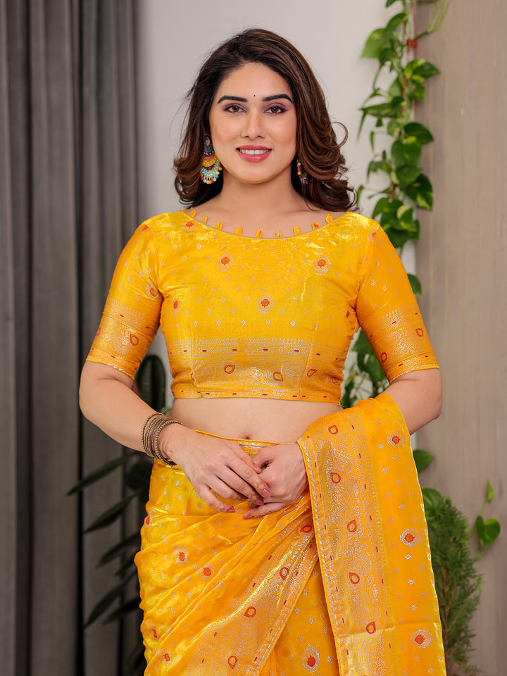 Mustard Yellow Fendi Satin Block & Foil Printed Saree with Traditional Butti Motifs, Tassel Edges & Attached Blouse