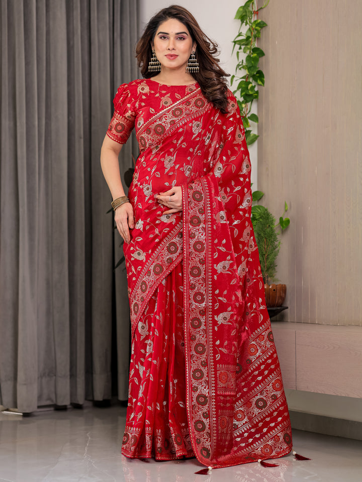 Crimson Red Fendi Satin Floral Block & Foil Printed Saree with Ornamental Border, Tassel Edges & Attached Blouse