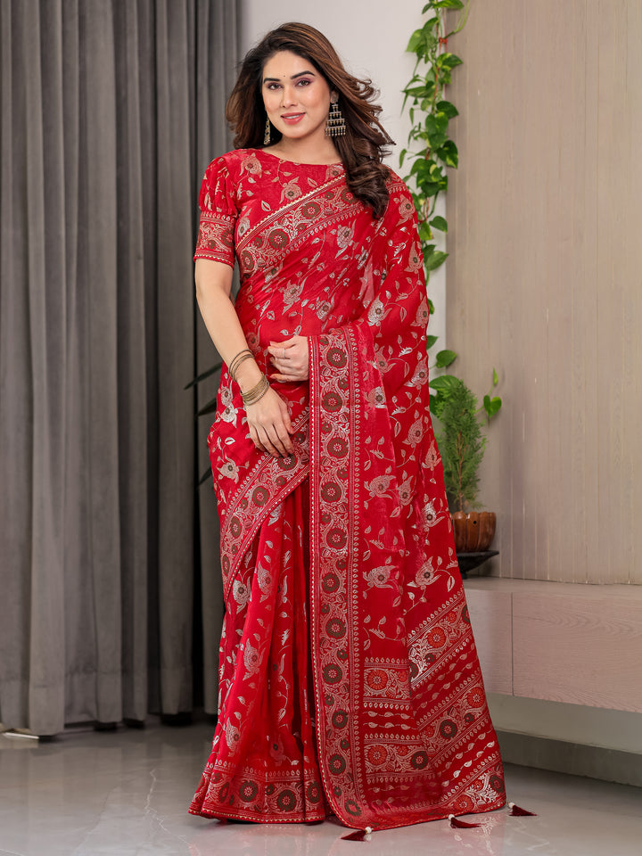 Crimson Red Fendi Satin Floral Block & Foil Printed Saree with Ornamental Border, Tassel Edges & Attached Blouse