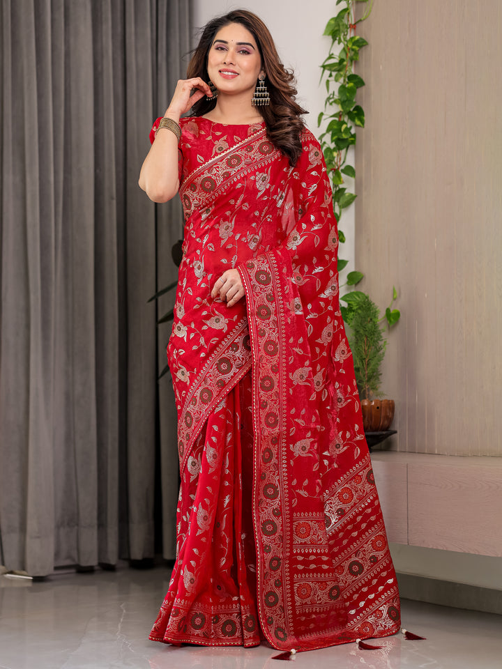 Crimson Red Fendi Satin Floral Block & Foil Printed Saree with Ornamental Border, Tassel Edges & Attached Blouse