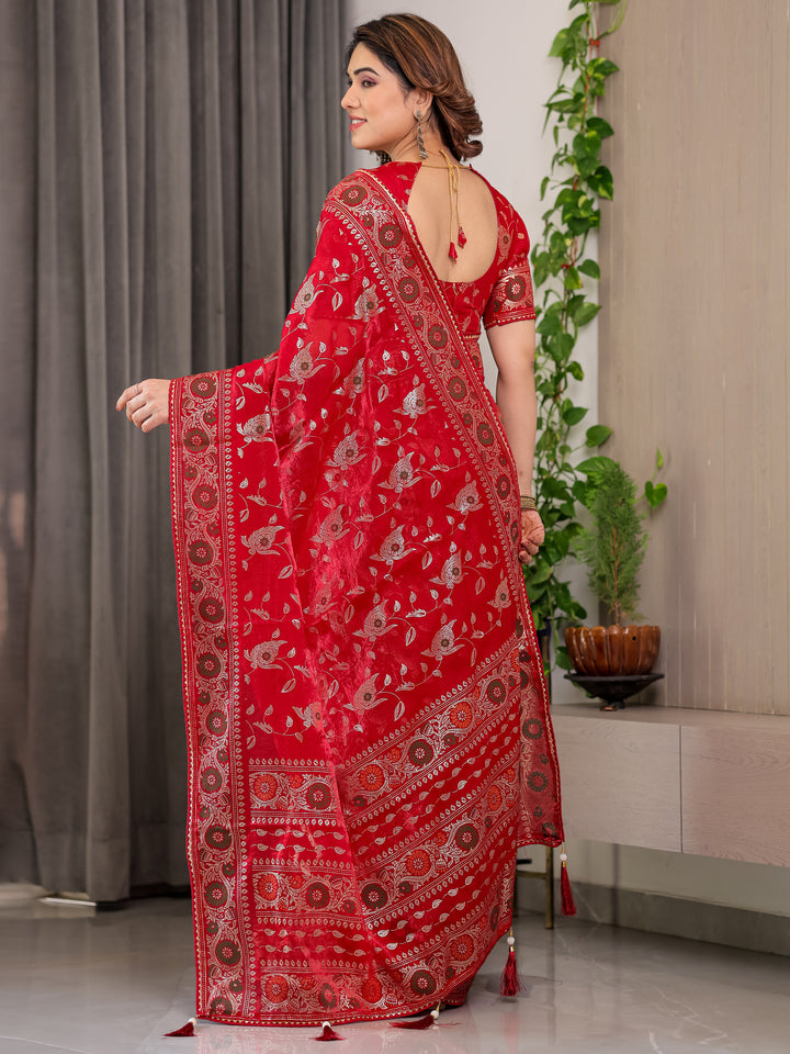 Crimson Red Fendi Satin Floral Block & Foil Printed Saree with Ornamental Border, Tassel Edges & Attached Blouse
