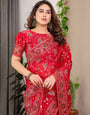Crimson Red Fendi Satin Floral Block & Foil Printed Saree with Ornamental Border, Tassel Edges & Attached Blouse