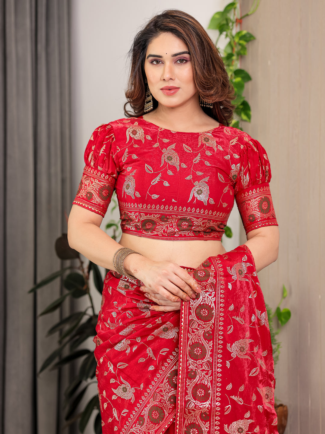 Crimson Red Fendi Satin Floral Block & Foil Printed Saree with Ornamental Border, Tassel Edges & Attached Blouse