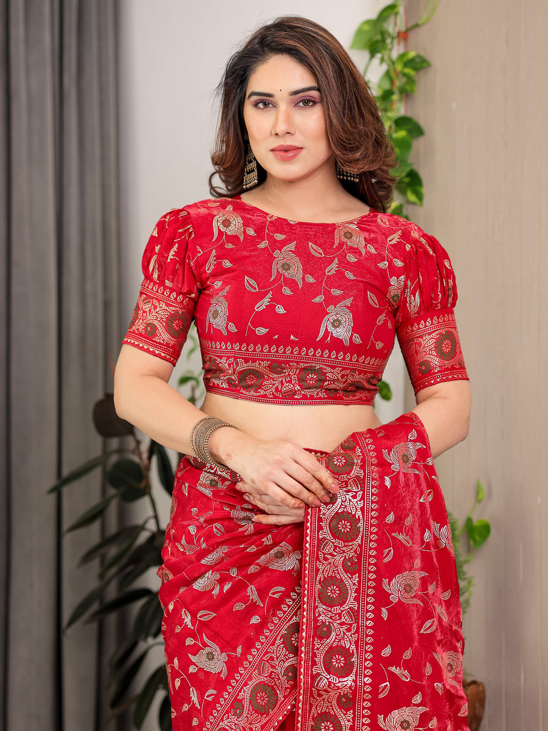 Crimson Red Fendi Satin Floral Block & Foil Printed Saree with Ornamental Border, Tassel Edges & Attached Blouse