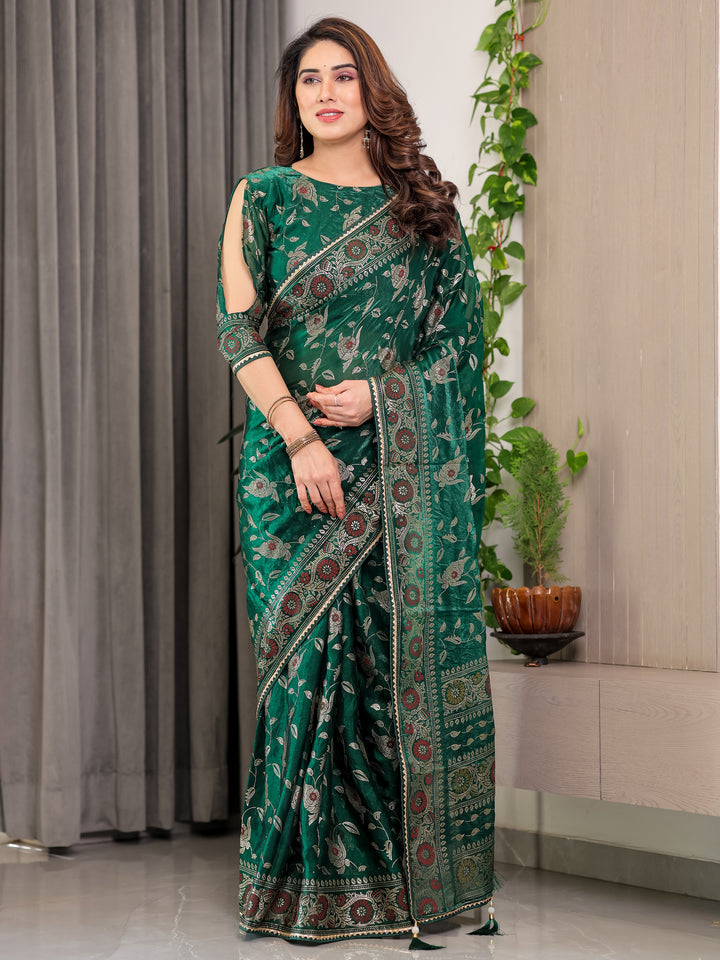 Emerald Green Fendi Satin Floral Block & Foil Printed Saree with Ornamental Border, Tassel Edges & Attached Blouse