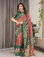 Maroon-Green Cotton Linen Saree with Floral Zari Work & Royal Procession Pallu | With Blouse Piece