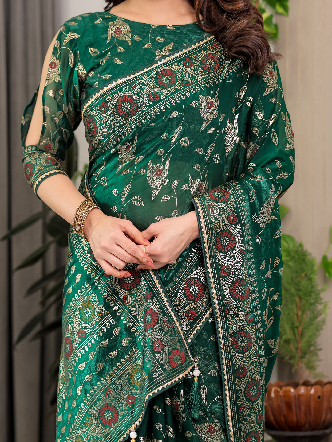 Emerald Green Fendi Satin Floral Block & Foil Printed Saree with Ornamental Border, Tassel Edges & Attached Blouse