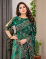 Emerald Green Fendi Satin Floral Block & Foil Printed Saree with Ornamental Border, Tassel Edges & Attached Blouse