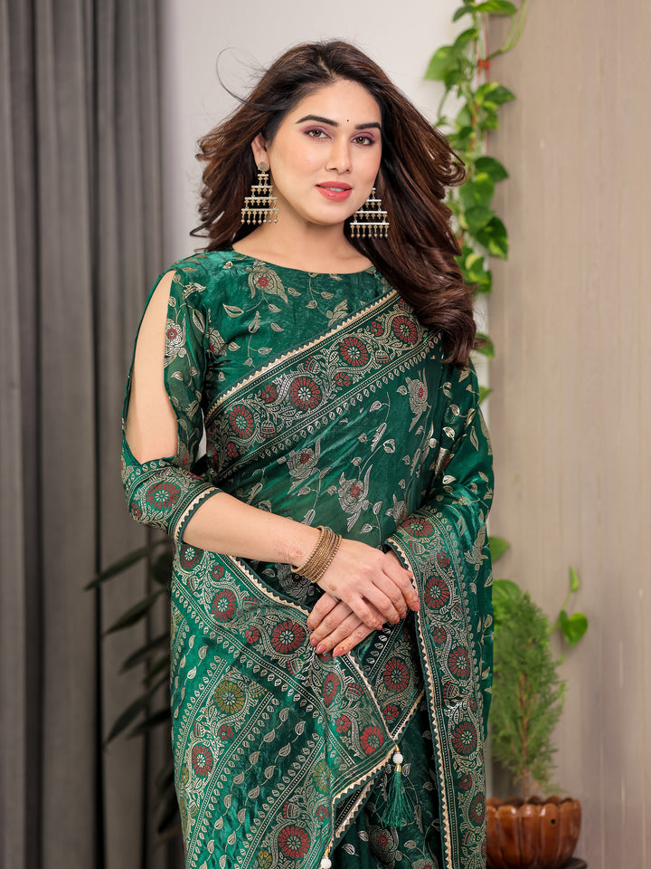 Emerald Green Fendi Satin Floral Block & Foil Printed Saree with Ornamental Border, Tassel Edges & Attached Blouse
