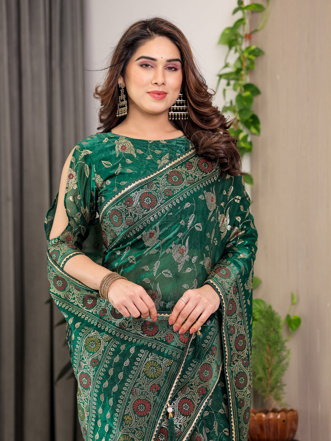 Emerald Green Fendi Satin Floral Block & Foil Printed Saree with Ornamental Border, Tassel Edges & Attached Blouse