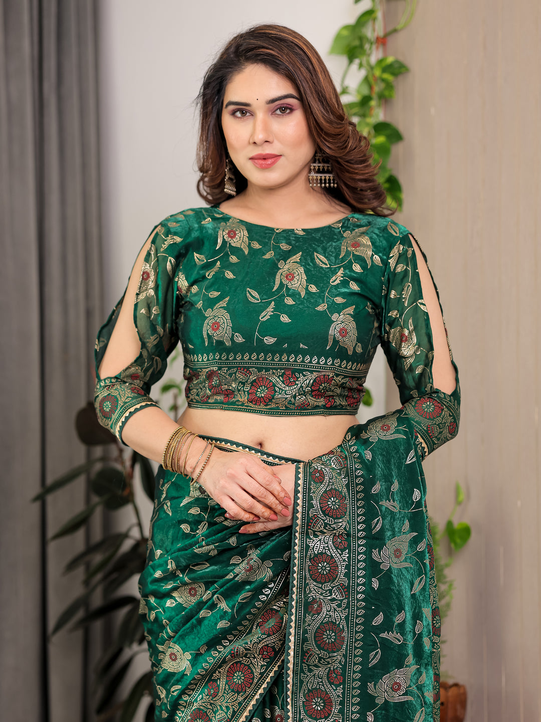 Emerald Green Fendi Satin Floral Block & Foil Printed Saree with Ornamental Border, Tassel Edges & Attached Blouse
