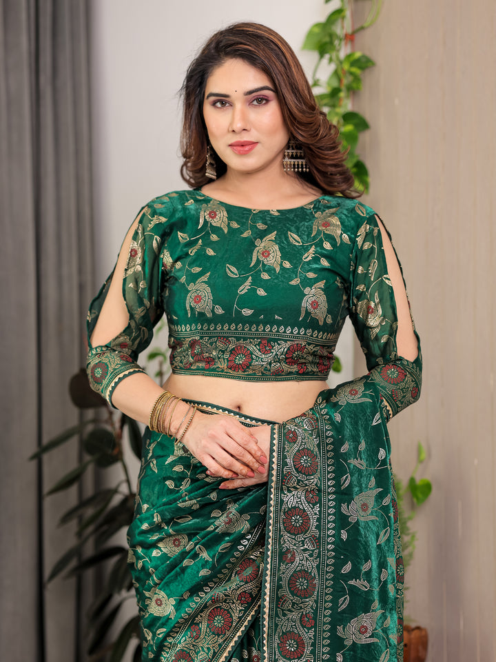 Emerald Green Fendi Satin Floral Block & Foil Printed Saree with Ornamental Border, Tassel Edges & Attached Blouse