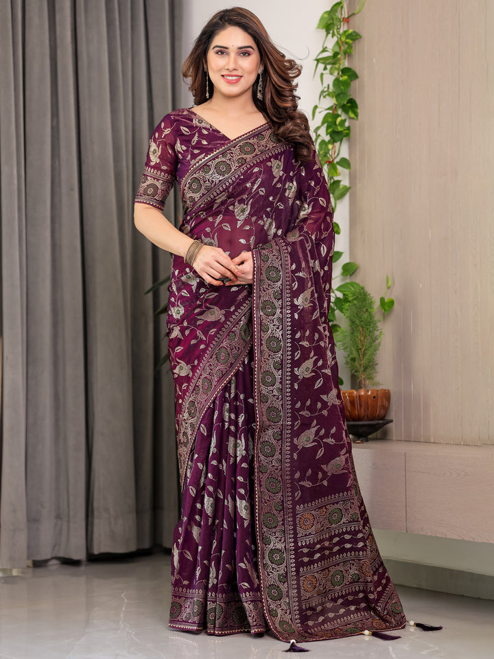 Plum Purple Fendi Satin Floral Block & Foil Printed Saree with Ornamental Border, Tassel Edges & Attached Blouse