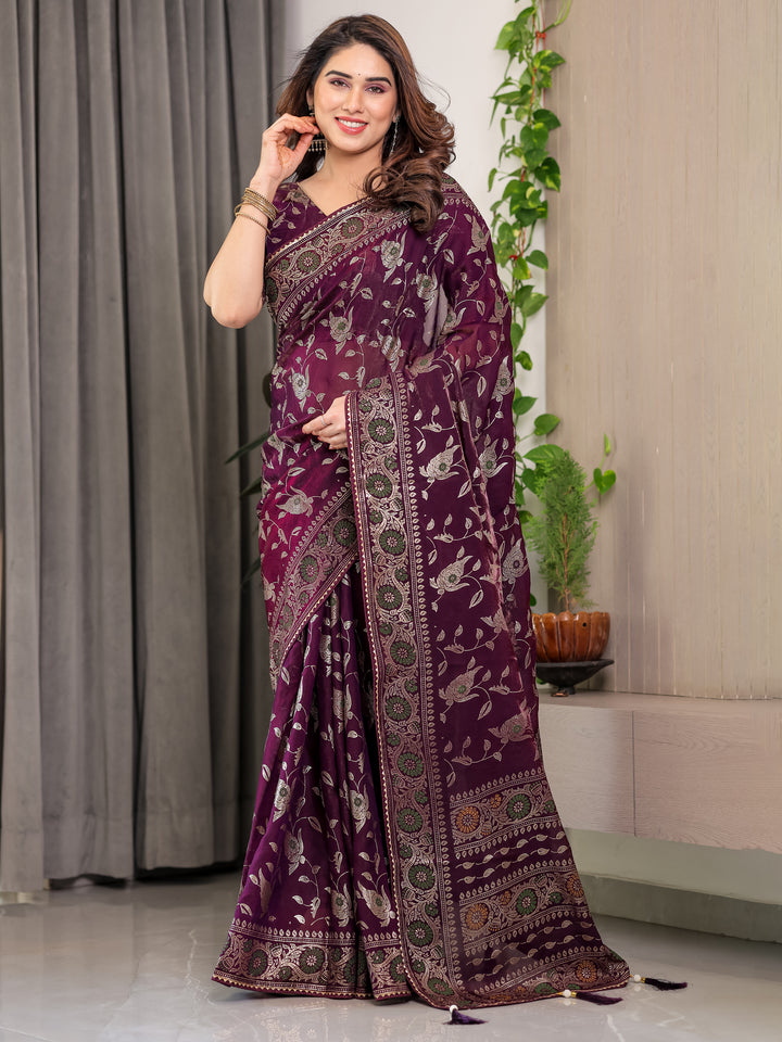 Plum Purple Fendi Satin Floral Block & Foil Printed Saree with Ornamental Border, Tassel Edges & Attached Blouse