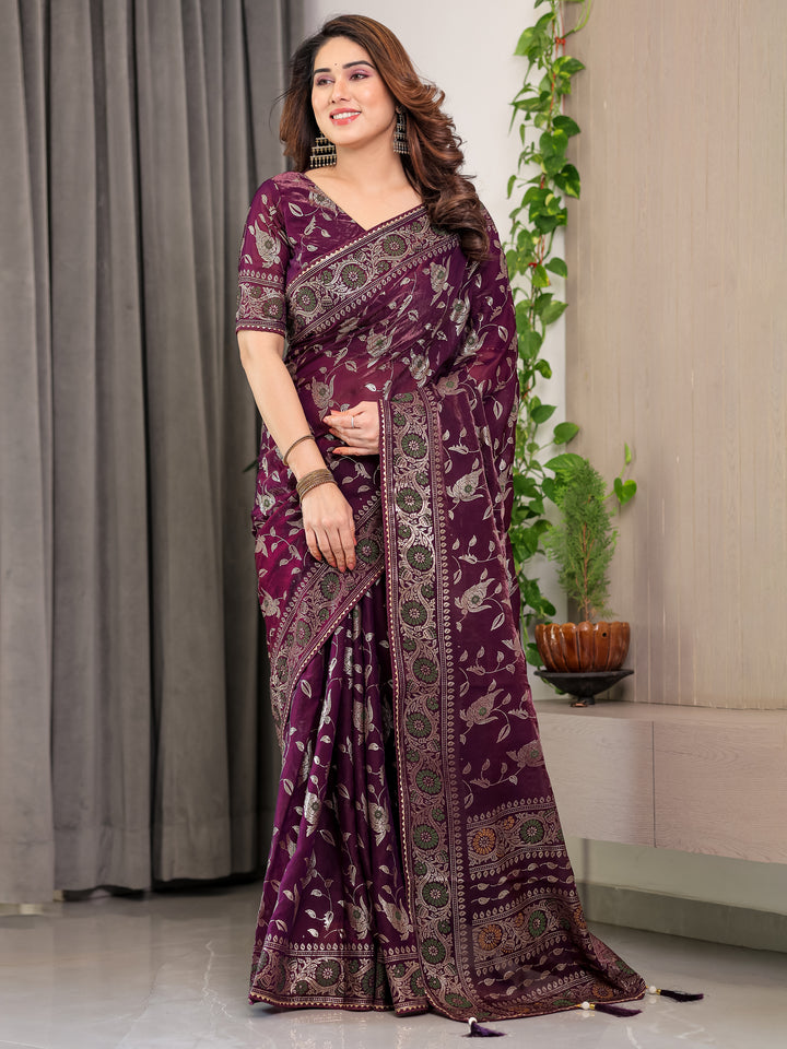 Plum Purple Fendi Satin Floral Block & Foil Printed Saree with Ornamental Border, Tassel Edges & Attached Blouse