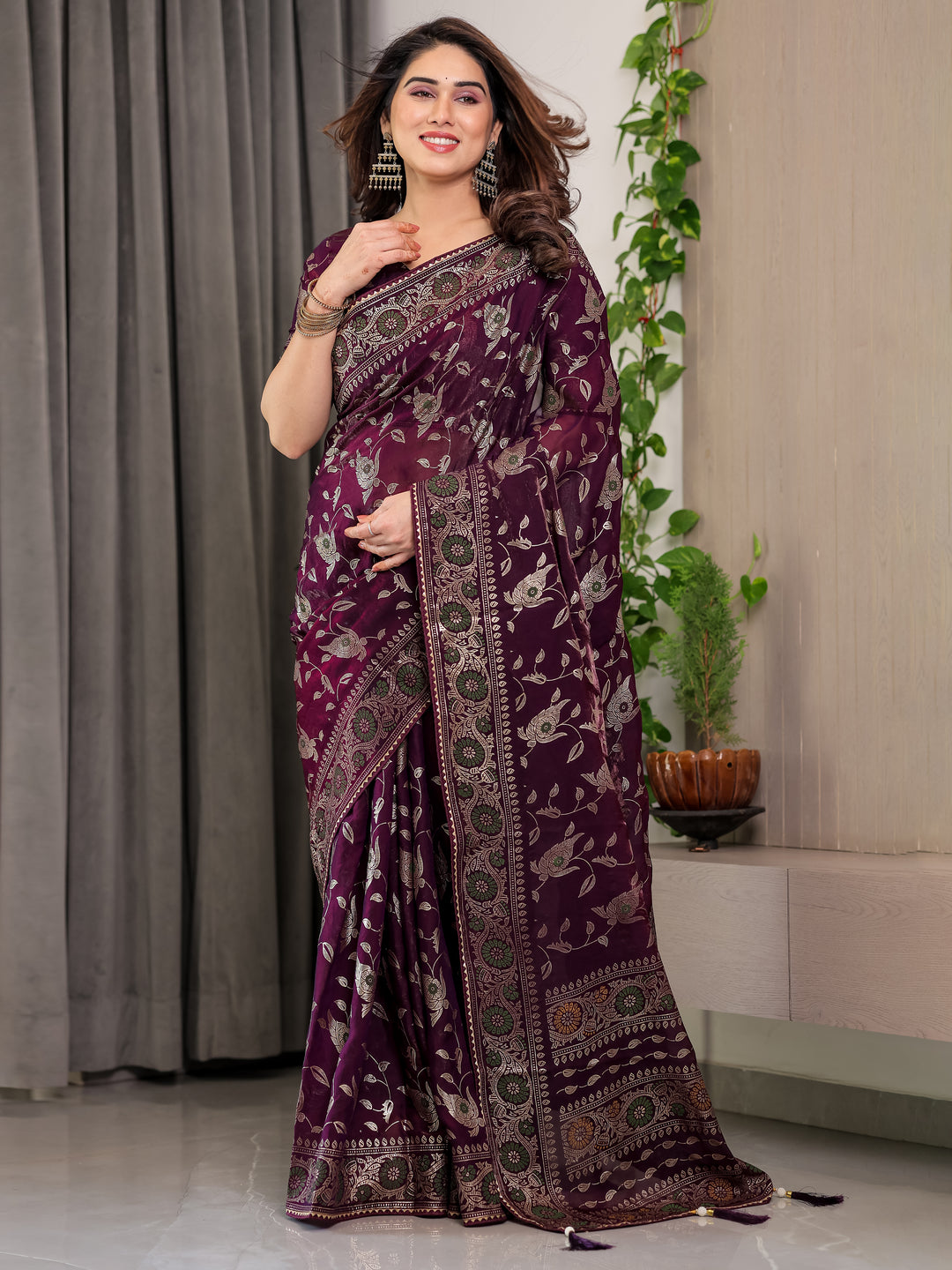 Plum Purple Fendi Satin Floral Block & Foil Printed Saree with Ornamental Border, Tassel Edges & Attached Blouse